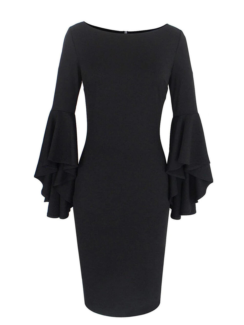 VFShow Cocktail Evening Dress Black Form Fitting 3/4 Ruffle Bell Sleeve Ladies M